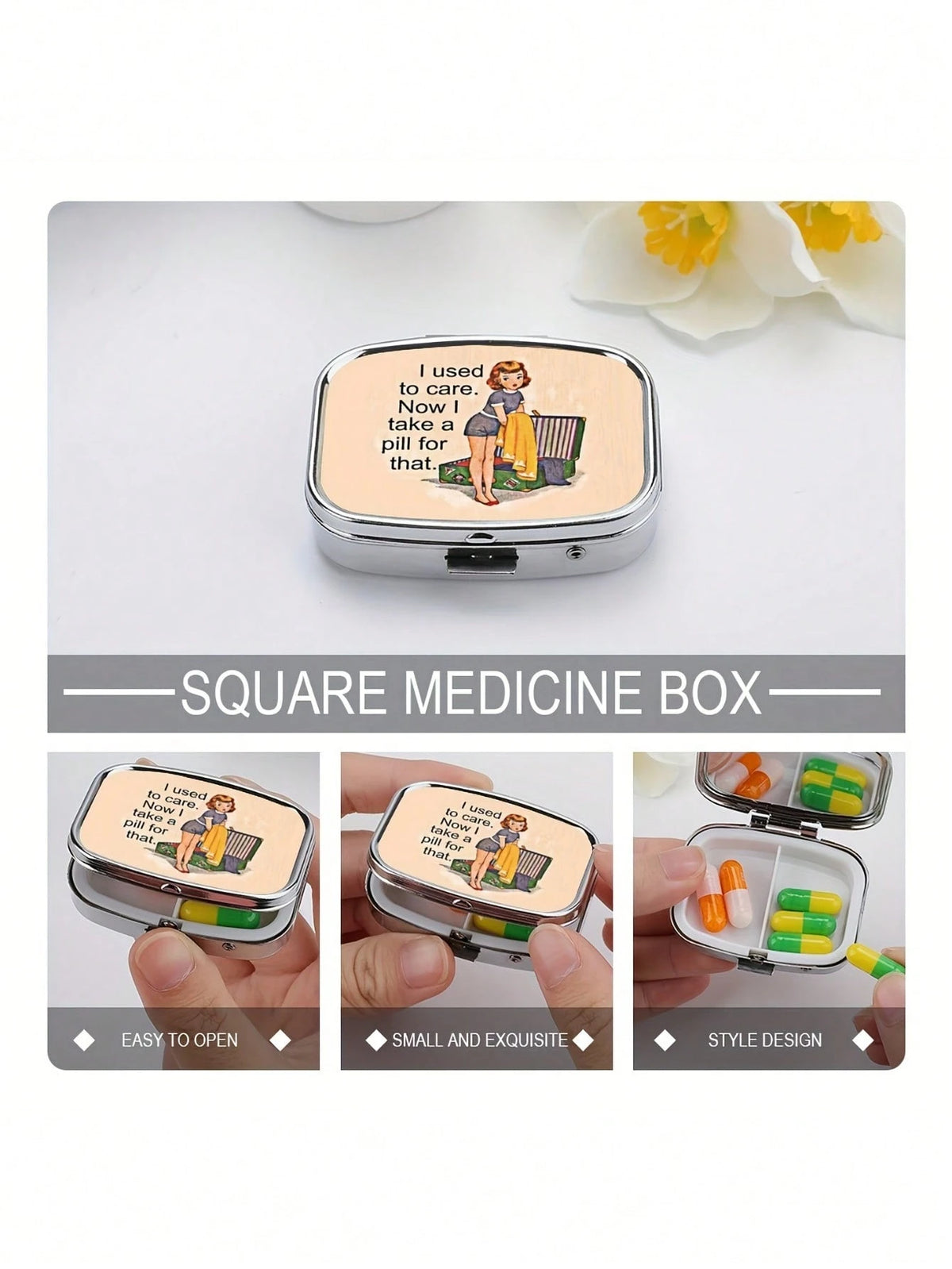 Retro Comic Dual-Compartment Travel Pill Case with Mirror